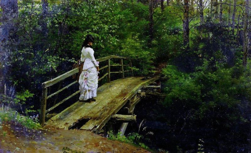 Репин Илья Ефимович - Летний пейзаж ( Вера Алексеевна Репина на мостике в Абрамцеве ). 1879